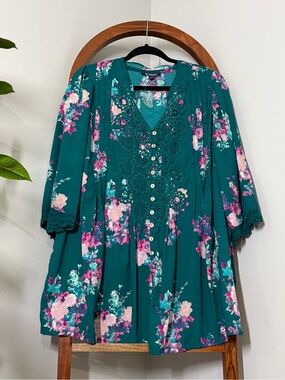 Roaman's 18W Green Floral Blouse Top